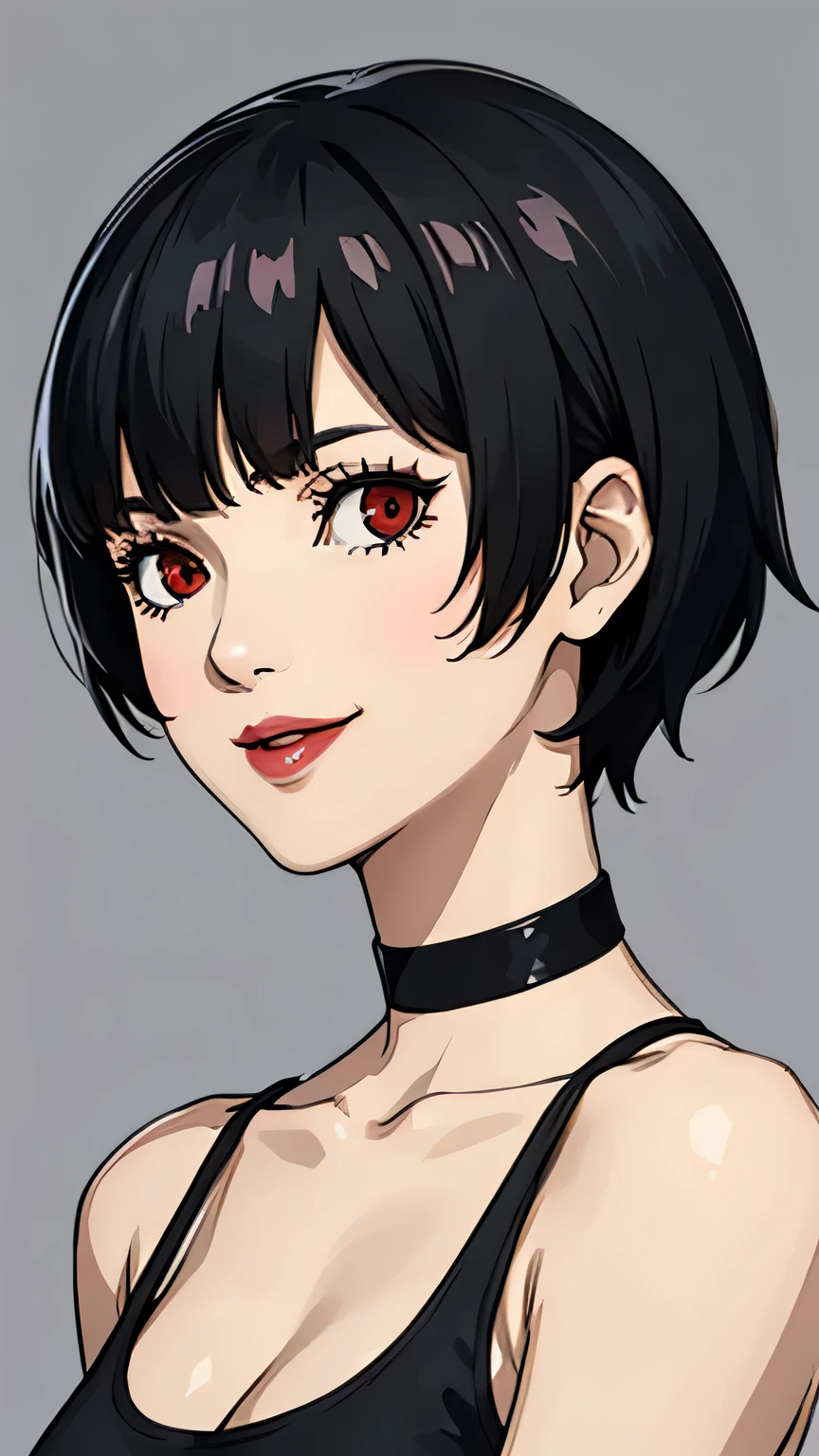1 girl, red eyes, very Short hair, black choker, lipstick, portrait, smile, black hair, small breast, tank top, tomboy Pixie haircut 