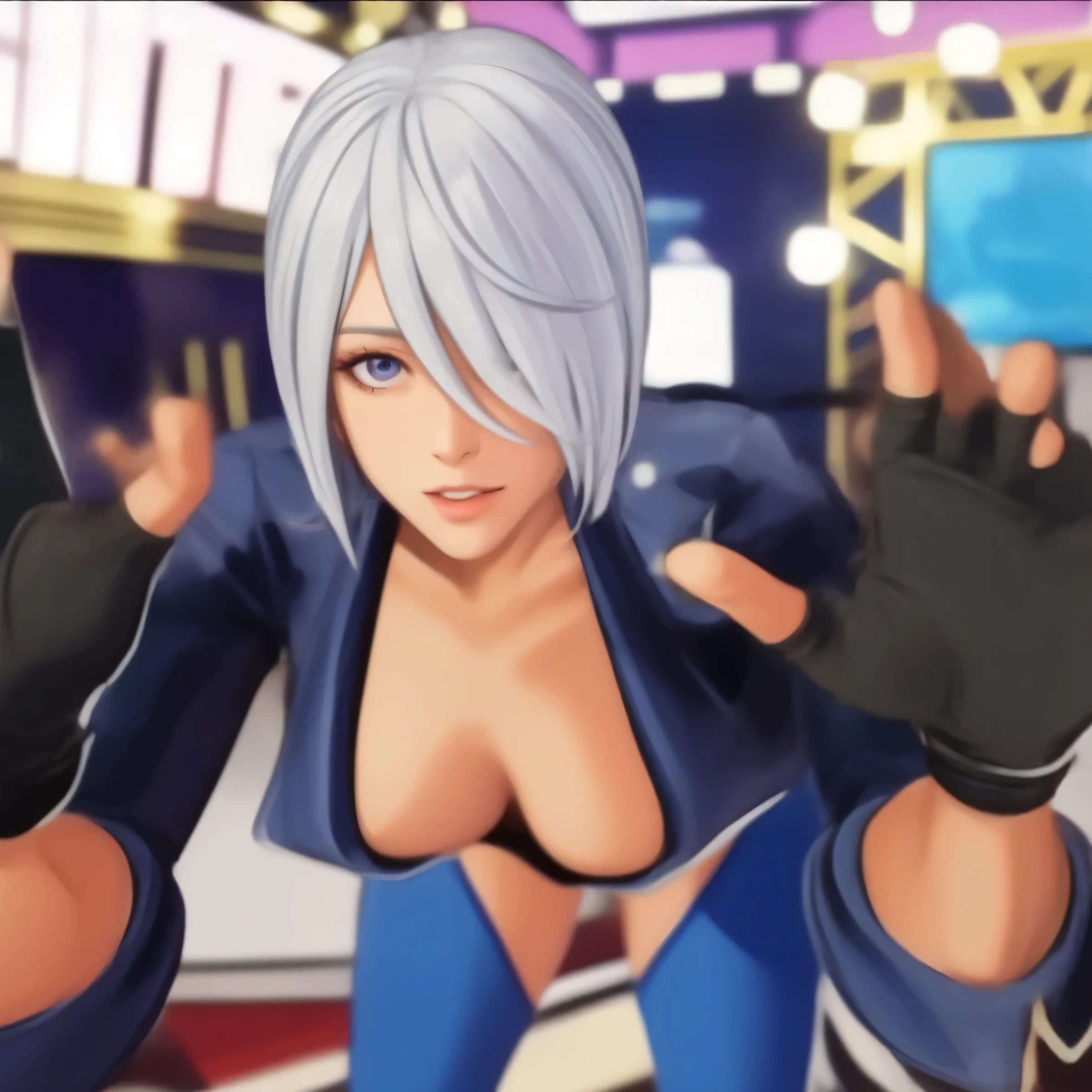 (best quality,4k,highres,masterpiece:1.2),ultra-detailed,(realistic,photorealistic:1.37),portrait,beautiful detailed violet eyes,beautiful detailed fine face,captivating smile,strong confident pose,white hair flowing gracefully,impeccable makeup,glossy lips,(sexy:1.1),(pleasant,friendly),imitating the pose of a bull,sensual atmosphere,vibrant personality,flawless skin complexion,dressed in a stylish outfit,gorgeous jewelry,striking violet color accents,soft and dreamy lighting
