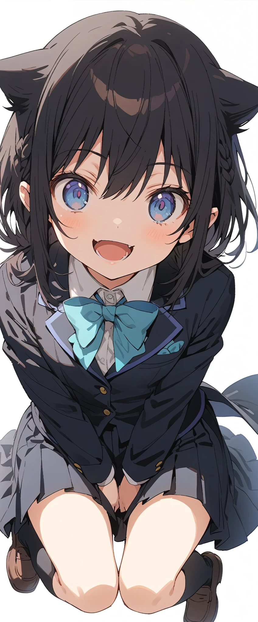 White background、Solid white background、Blank background、Ultra-high resolution, highest quality,Solo,just standing girl, One Girl、Full body view from the front、fish-bone braid hair、Fishbone Hair、black hair、arms behind back、Put your hands behind your back、Hide your hands、beautiful detailed eyes、Black hair × Blue eyes、blue eyes、Open mouth smiling、Flat Chest、Black long sleeve blazer,Black pleated skirt、Knee-high socks、loafers