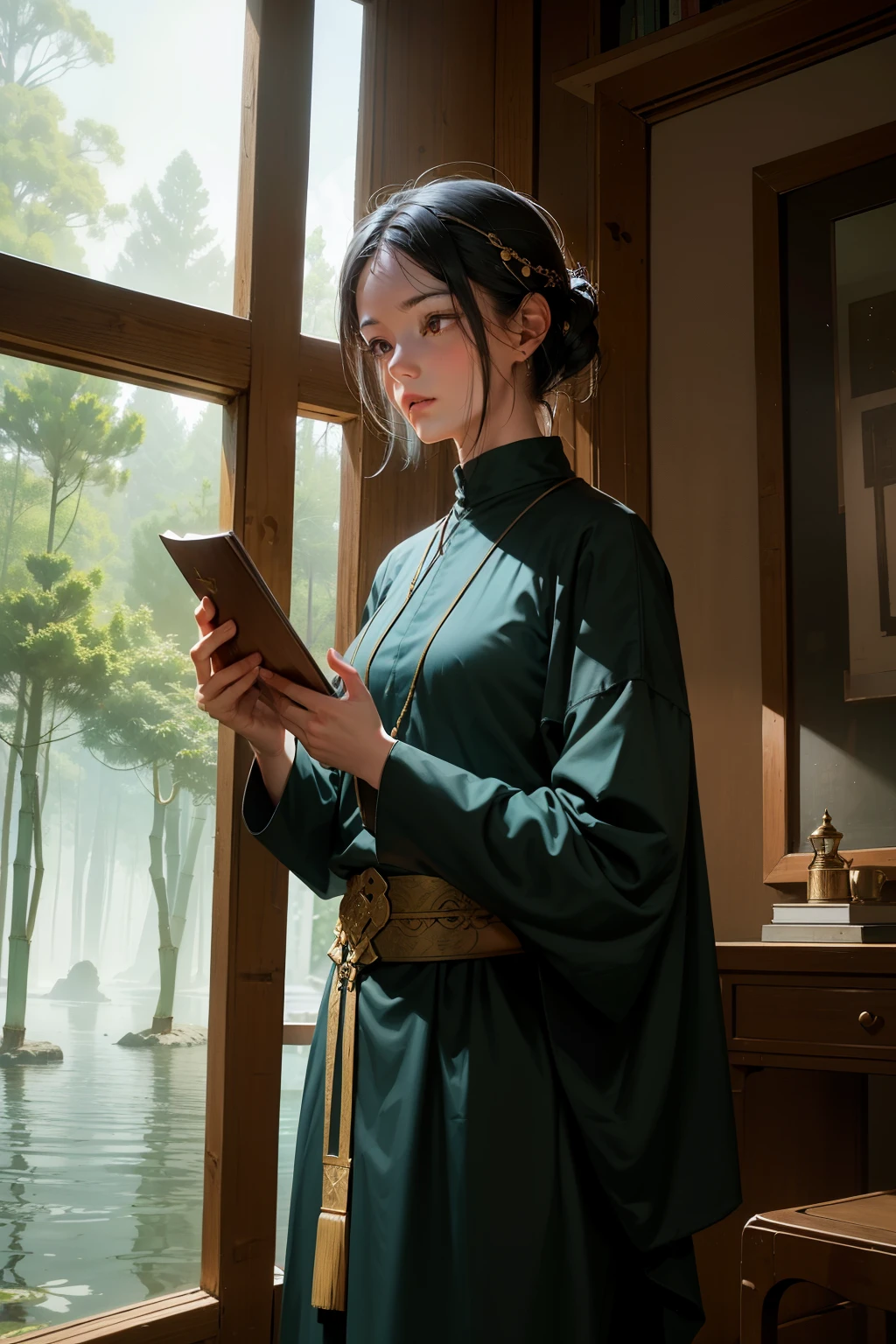 In a studied tranquility, an aged monk resided within the solitary space of a worn study room. The room, embodying the essence of time, was adorned with relics of wisdom and knowledge, the most prominent being the ancient tome held tightly in the monk's frail yet steady hands.
Outside, a serene bamboo forest danced in the gentle breeze, their leaves whispering secrets to the flowing water below, contributing to the quiet harmony that permeated the atmosphere. The vintage window, framing the landscape, offered a glimpse into the monk's secluded existence.
The monk's visage was etched with lines of age and