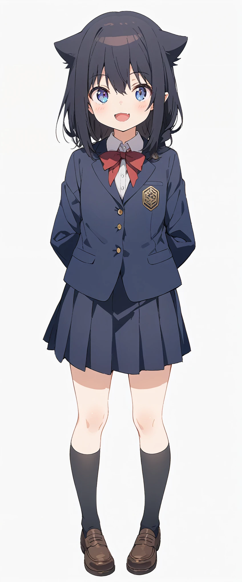 White background、Solid white background、Blank background、Ultra-high resolution, highest quality,Solo,just standing girl, One Girl、Full body view from the front、fish-bone braid hair、Fishbone Hair、black hair、arms behind back、Put your hands behind your back、Hide your hands、beautiful detailed eyes、Black hair × Blue eyes、blue eyes、Open mouth smiling、Flat Chest、Black long sleeve blazer,Black pleated skirt、Knee-high socks、loafers