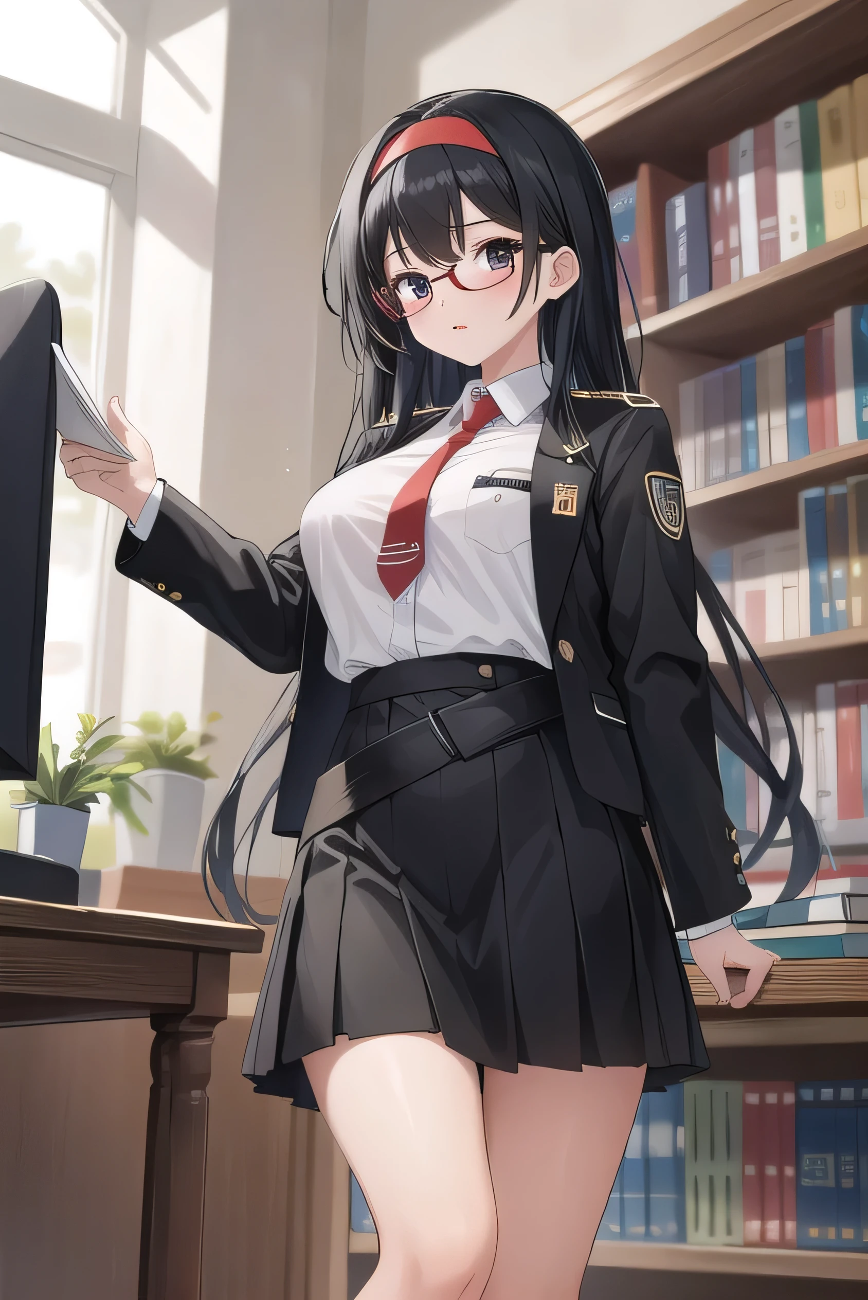 Wears glasses, elementary school student, black hair, black eyes, round, wears , is tall, is in the library, looks kind, has very large breasts, has long hair that reaches her waist, is reading a book, He has black hair but has a slight brownish tint, wears a headband, wears a black uniform, black skirt, white shirt, red tie, and black jacket., triumphant expression,,,,