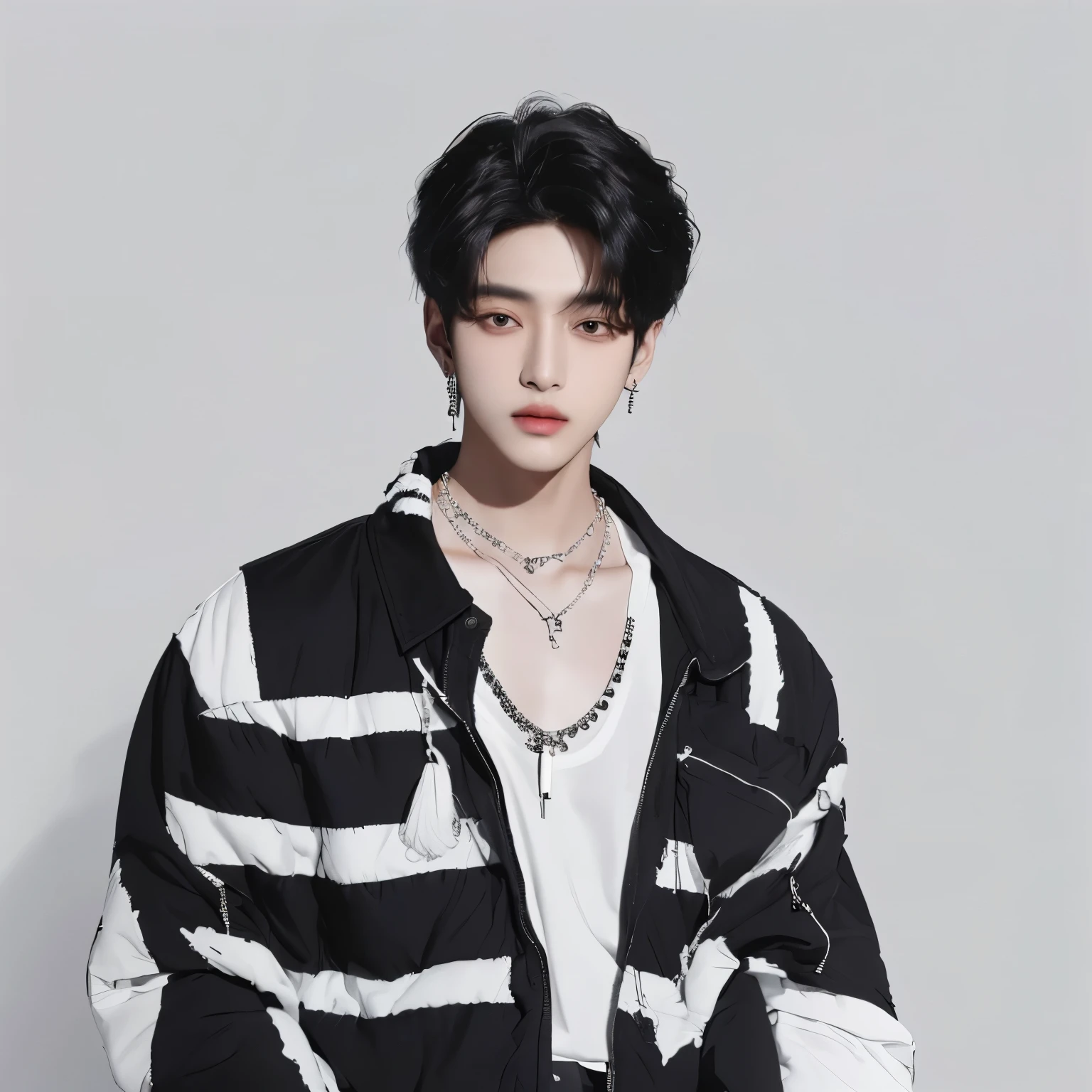 Model Aarav wore a black and white shirt and a necklace., Inspiration from Kim Deuksin, Inspired by Jeon Seok Lee, Inspired by Russell Dongjun Lu, Inspired by Jang Seung Op., Inspiration from Kang Se Hwang, Inspired by Sim Sa Jung, Inspired by Bian Shoumin, Inspired by Kim Hwan Ki