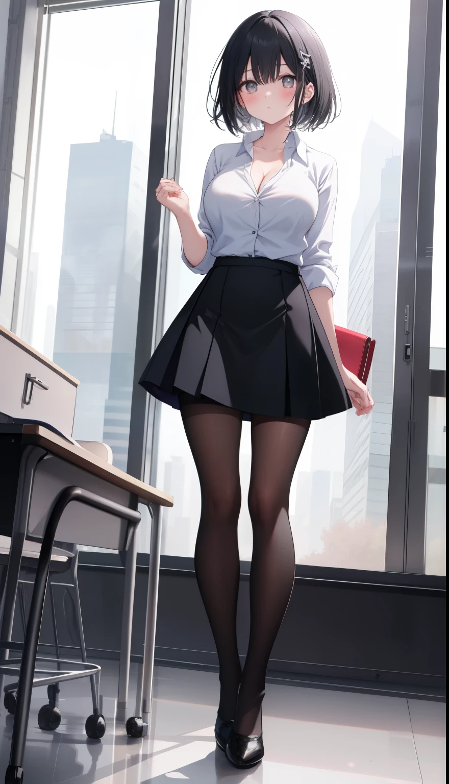 One Girl、positive、Standing posture、Full body portrait、Black Hair、Medium Haircut、blush、Absolute area、Black knee-high socks、Knee-length、stockings、Black Pantyhose、White underwear、Light blue shirt、Blue-gray business suit、Grey tight super mini skirt、Japanese office lady、Summer clothes、classroom、Standing at the podium、Daytime、(Very large breasts)、Cleavage、open chest shirt、((Lesbians all over the world))、masterpiece、(highest quality)、
Panties around the ankles、Black high heels、Shirt buttons fly off、The wind blows up my skirt、hold the skirt with both hands