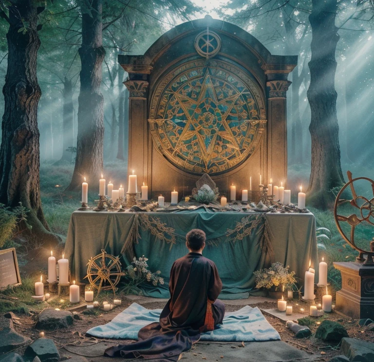 Un hombre se encuentra arrodillado frente a un imponente altar de piedra negra, perdido en medio del obscuro bosque, altar bosque, noche, profundo del bosque. Viste un traje ceremonial negro que se funde con la oscuridad del entorno, destacando su figura en la penumbra. Su postura es firme, con una solemnidad que emana de cada gesto. El altar, adornado con intrincados grabados y ancient symbols, is the center of attention, illuminated by the soft glow of candles strategically arranged around it. Una gran piedra reposa en el centro, dancing shadows between the trees to the subtle murmur of the wind that caresses the trees, los sigilos trazados con precisión en el suelo del summoning circle comienzan a brillar con una luz sobrenatural, proyectando sombras, incienso y hierbas rituales impregna el aire, ancient symbols, tallados en el altar, vibrating with a primal energy that transcends the human. temor y reverencia, contempla al demonio invocado, The veil between the worlds fades and a dark presence materializes in the cosmic sanctuary, sigilos, imagen super detallada, High Definition, imagen realista, HD , super HD, Fotografia, Ritual en un bosque, Occult ritual meeting, occult aesthetic alchemy, lanzamiento de hechizos, altar, Ritual forestal, sacrificial altar, Mythical Cosmic Sanctuary, ritual oculto, Mythical sanctuary, lanzamiento de hechizos wizard, summoning circle, Sigilos, velas en altar, demonology.