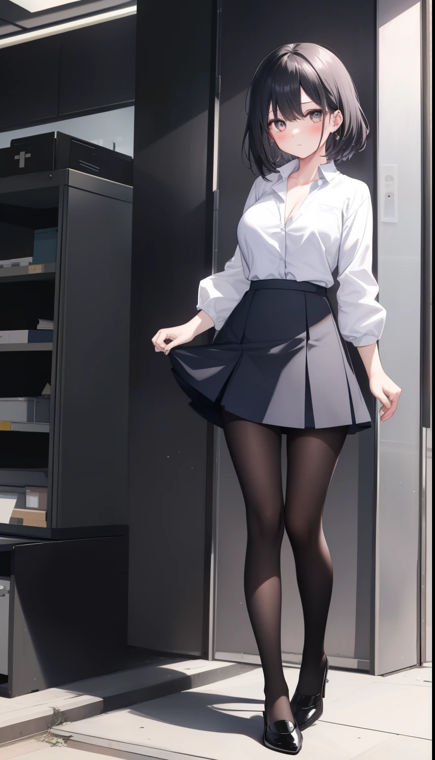 One Girl、positive、Standing posture、Full body portrait、Black Hair、Medium Haircut、blush、Absolute area、Black knee-high socks、Knee-length、stockings、Black Pantyhose、White underwear、Light blue shirt、Blue-gray business suit、Grey tight super mini skirt、Japanese office lady、Summer clothes、classroom、Standing at the podium、Daytime、(Very large breasts)、Cleavage、open chest shirt、((Lesbians all over the world))、masterpiece、(highest quality)、
Panties around the ankles、Black high heels、Shirt buttons fly off、The wind blows up my skirt、hold the skirt with both hands