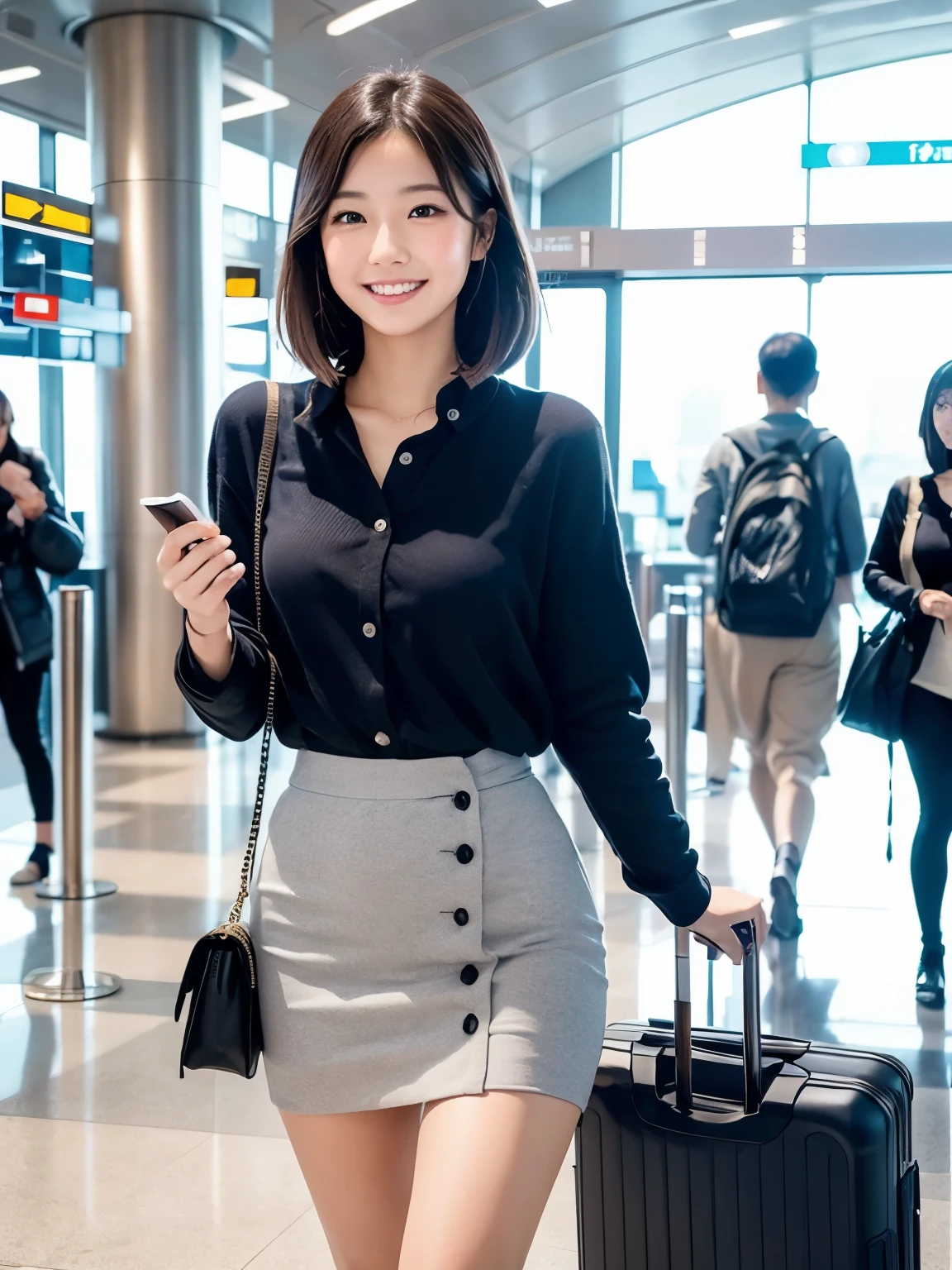 A cute 22-year-old Japanese woman is at Haneda Airport. She is standing near the boarding gate, holding a suitcase and a passport in her hand. The scene is set with a lively atmosphere, as people are bustling around, preparing for their flights. The woman's appearance is stylish and trendy, with a fashionable outfit that reflects her youthful and vibrant personality. Her eyes are bright and full of excitement as she anticipates her upcoming journey. The background features the iconic architecture of the airport, with its modern design and large glass windows, allowing natural light to fill the space. The lighting is soft and warm, casting a gentle glow on the surroundings. The overall image quality is of the highest standard, with ultra-detailed elements and realistic textures. The colors are vivid and vibrant, capturing the energy and liveliness of the airport environment. The prompt is packed with rich visual cues, such as "detailed eyes," "trendy outfit," and "lively atmosphere," ensuring a high-quality and aesthetically pleasing image.