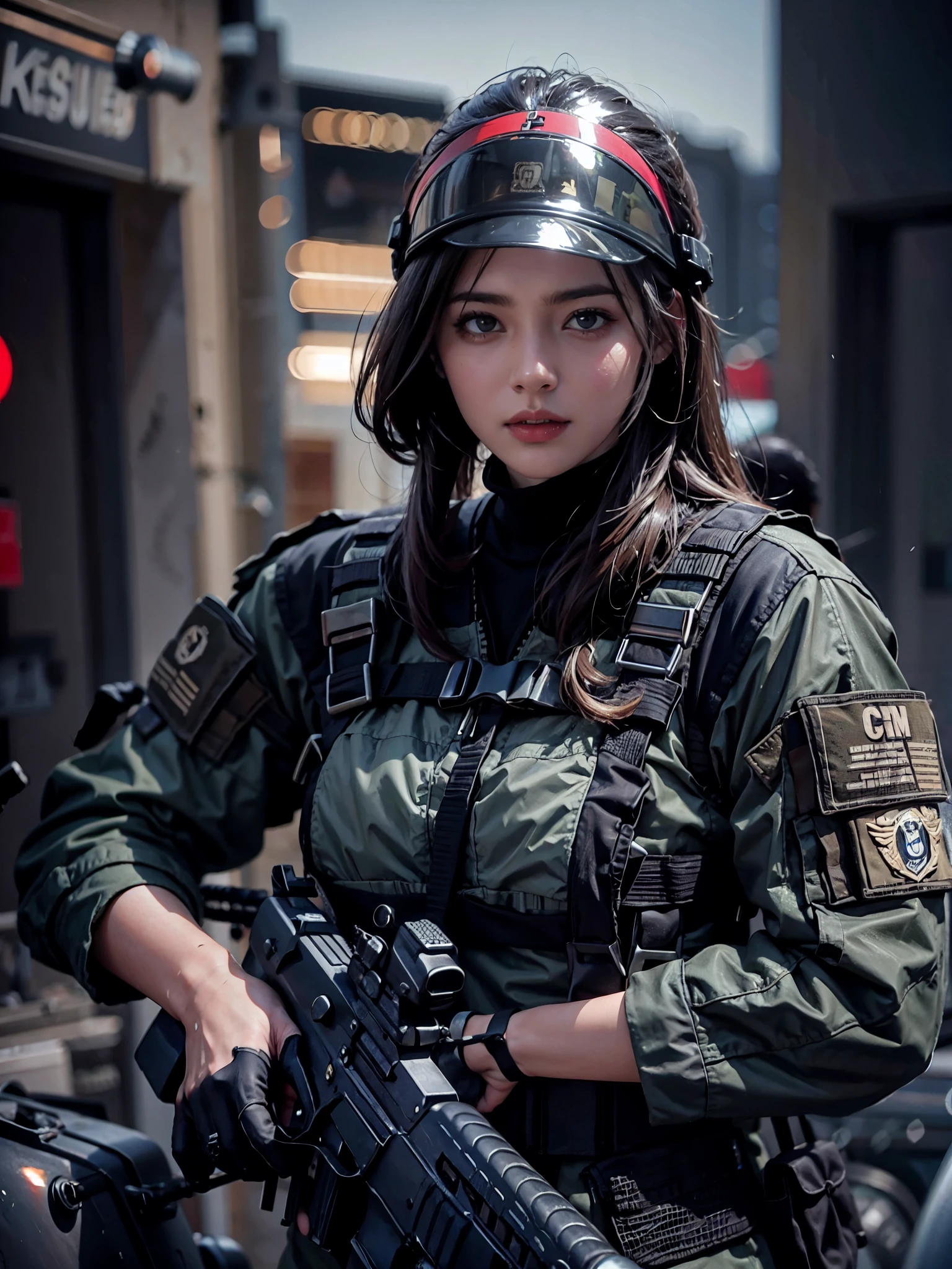 Female special forces soldier holding a machine gun