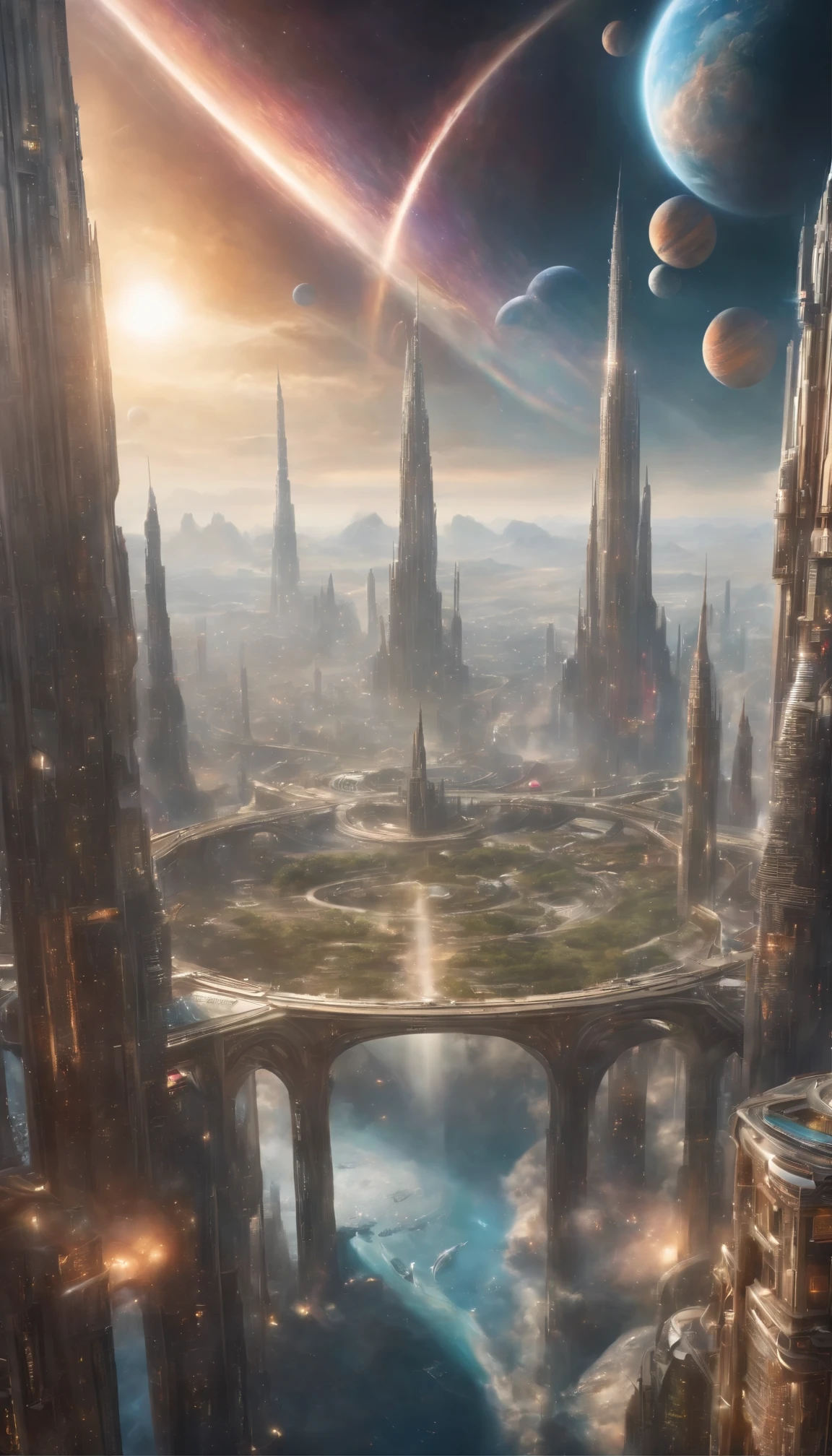 ((Ultra-fine masterpiece)) - Majestic images of huge sci-fi cities: In the endlessly expanding universe、A huge and mysterious city stretches into infinity、A breathtaking view of science fiction art。This magnificent metropolis suspended above the earth、Drifting among the countless planets floating in the sky、Casting an enchanting spell。 With swirling nebulae and swirling cosmic dust dancing around it、The city&#39;s celestial architecture sparkles with an otherworldly blend of elegance and strength.。Decorated with rainbow-colored energy scars