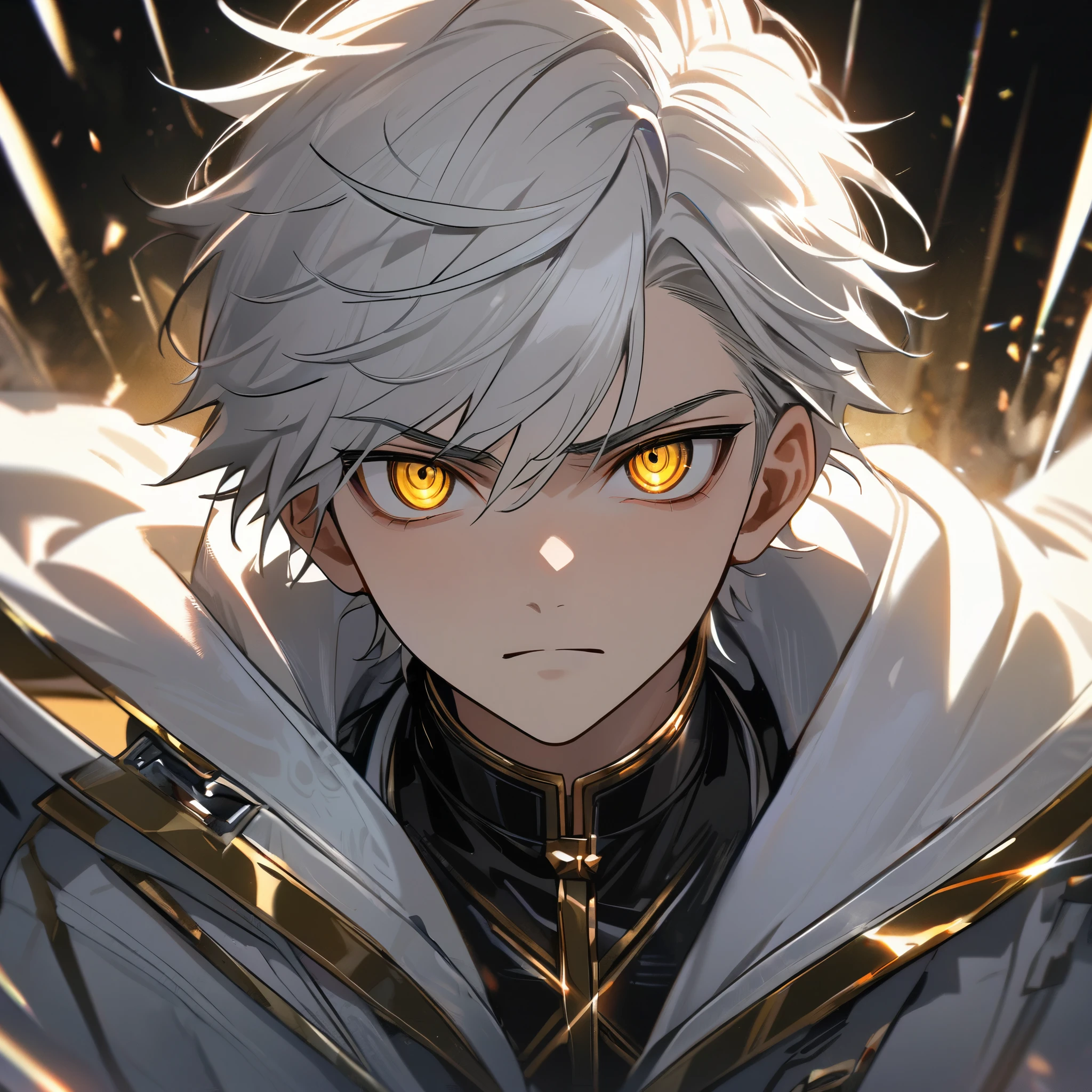 High quality, HD, 4k, handsome male, 1male, 17 years old, teenager, golden lining, short white hair, sharp eyes, gold eyes, devil may cry, close up, calm expression, stoic expression, black leather clothes, white leather clothing, upper body, looking at viewer, cowboy shot, white solar, shining background