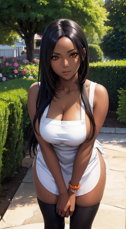 (masterpiece), best quality, expressive eyes, holding a wine glass, standing, cute girl, garden background, perfect face, black ebony skin, half naked, large open neckline, white apron, kitchen apron, perfect shaped body, long hair, black hair, orange eyes, large breast, big breasts, black skin, ultra realistic detailed orange eyes, long and open hair, looking at camera, innocent eyes, innocent face, very cute anime girl face, black skin anime girl, cute smile on her face, wearing flower bracelets on her hand, thigh legs