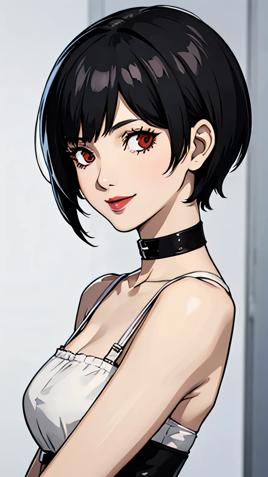 1 girl, red eyes, very Short hair, black choker, lipstick, portrait, smile, black hair,  , tomboy Pixie haircut 