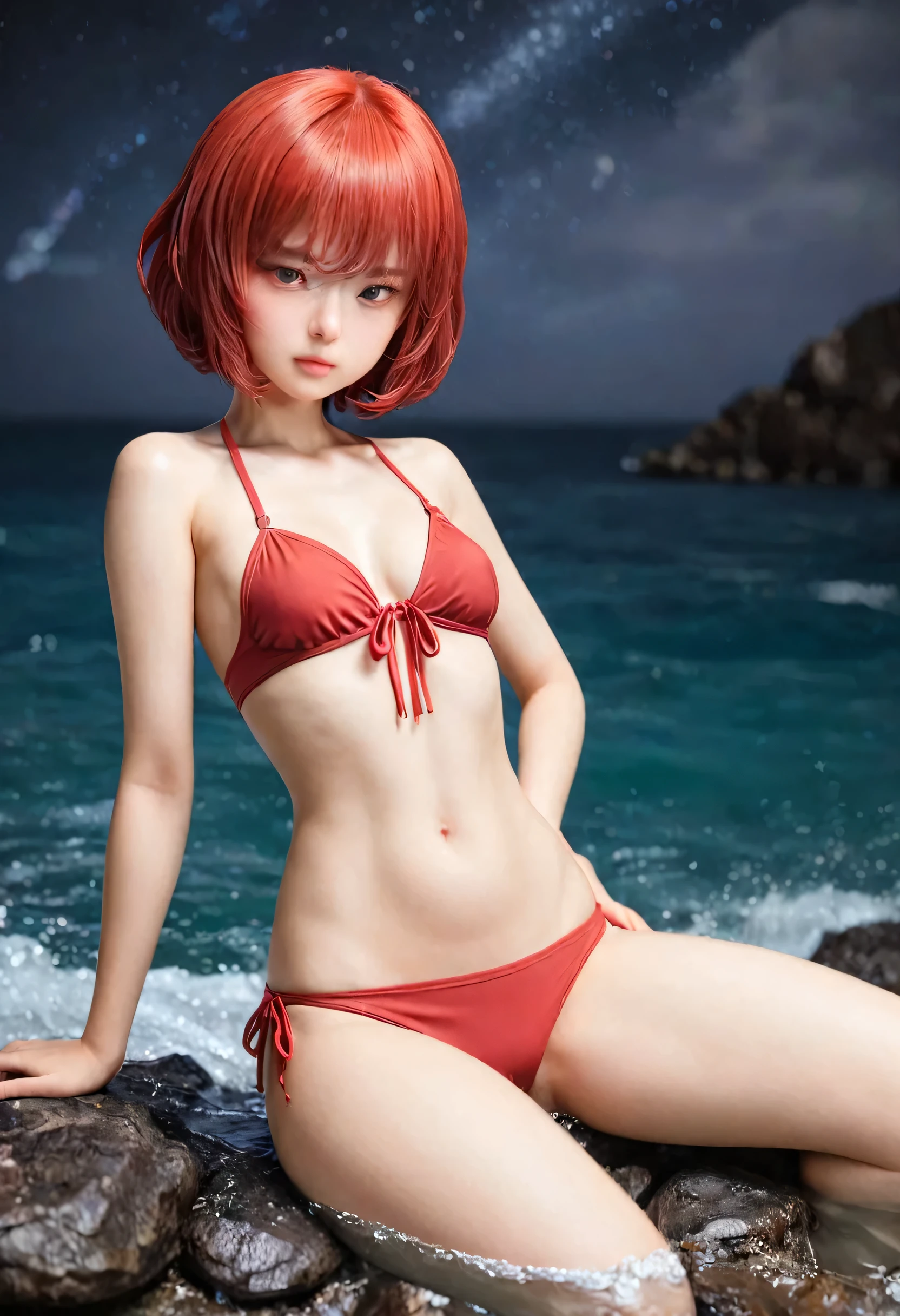 Shyness Girl high resolution Red hair Bob Short Swimwear Ocean night Rocky area sit Hold your knees Small breasts