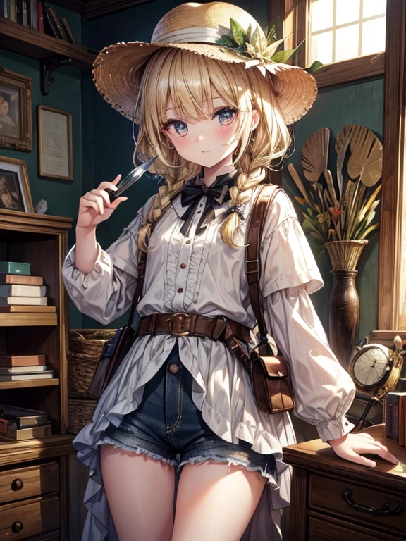 masterpiece, highest quality, Very detailed, 16k, Ultra-high resolution, Cowboy Shot, One -yeld gi Detailed face, Perfect Fingers, Golden Eyes, Blonde, Braid, The best of the most blurry, Shorts, Exploring knife, Safari Hat, compass, telescope, map, A cluttered room with lots of small items, Organizing tools