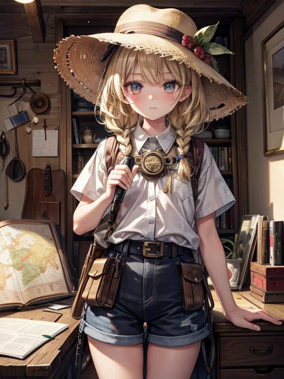 masterpiece, highest quality, Very detailed, 16k, Ultra-high resolution, Cowboy Shot, One -yeld gi Detailed face, Perfect Fingers, Golden Eyes, Blonde, Braid, The best of the most blurry, Shorts, Exploring knife, Safari Hat, compass, telescope, map, A cluttered room with lots of small items, Organizing tools