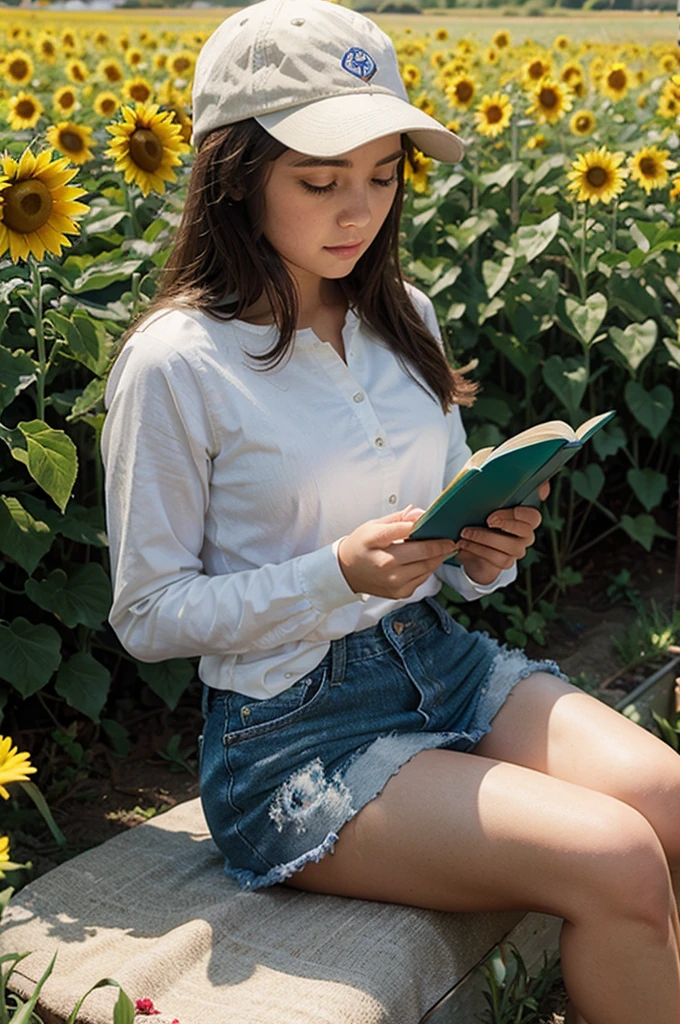 A girl reading book in the sun flower fields with a cap