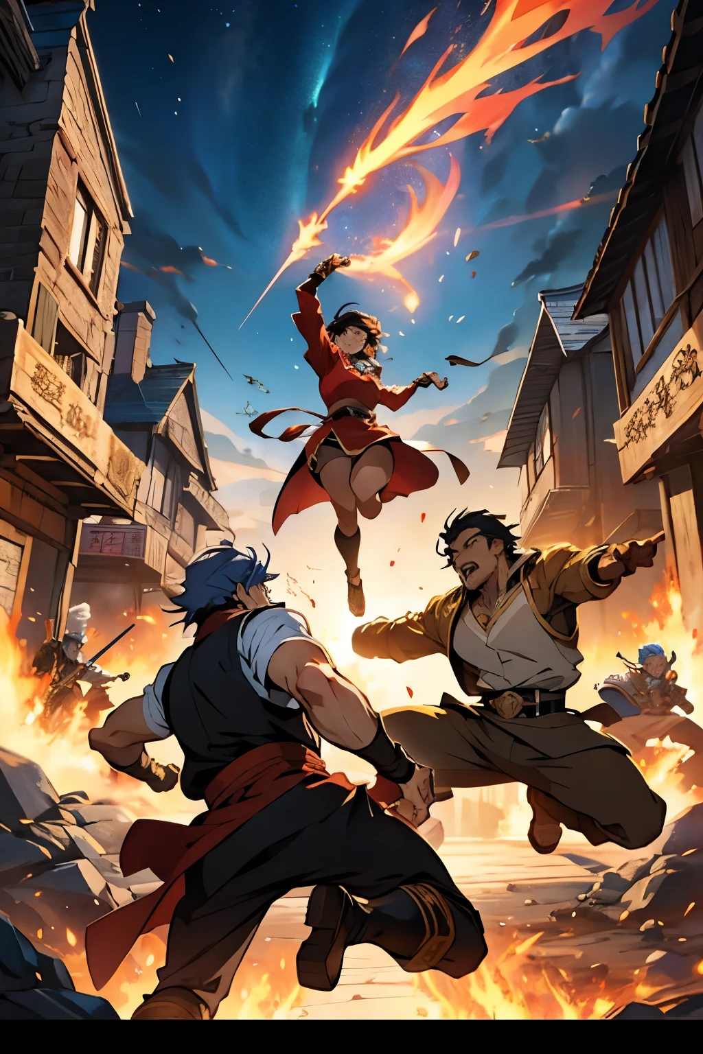 Amazing Isekai anime poster with epic characters, poster with gold borders, characters jumping into action.