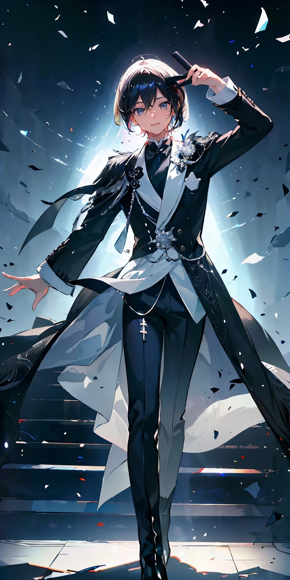 (Mastepiece), (Best Quality), Very detailed, ((1 boy)), Perfect Face, Beautiful Face, Very detailedな顔,((Black and white hair_short hair_Black and white eyes:1.3)),Male solo idol、Gorgeous idol costumes、Costumes with lots of frills、Cape、boots、(pants:1.2)、(Hold the microphone)、stage、Concert Dome、Lots of confetti、(smile:1.4)、(Open your mouth wide)、sing、dance、Wink、Laser light、Spotlight