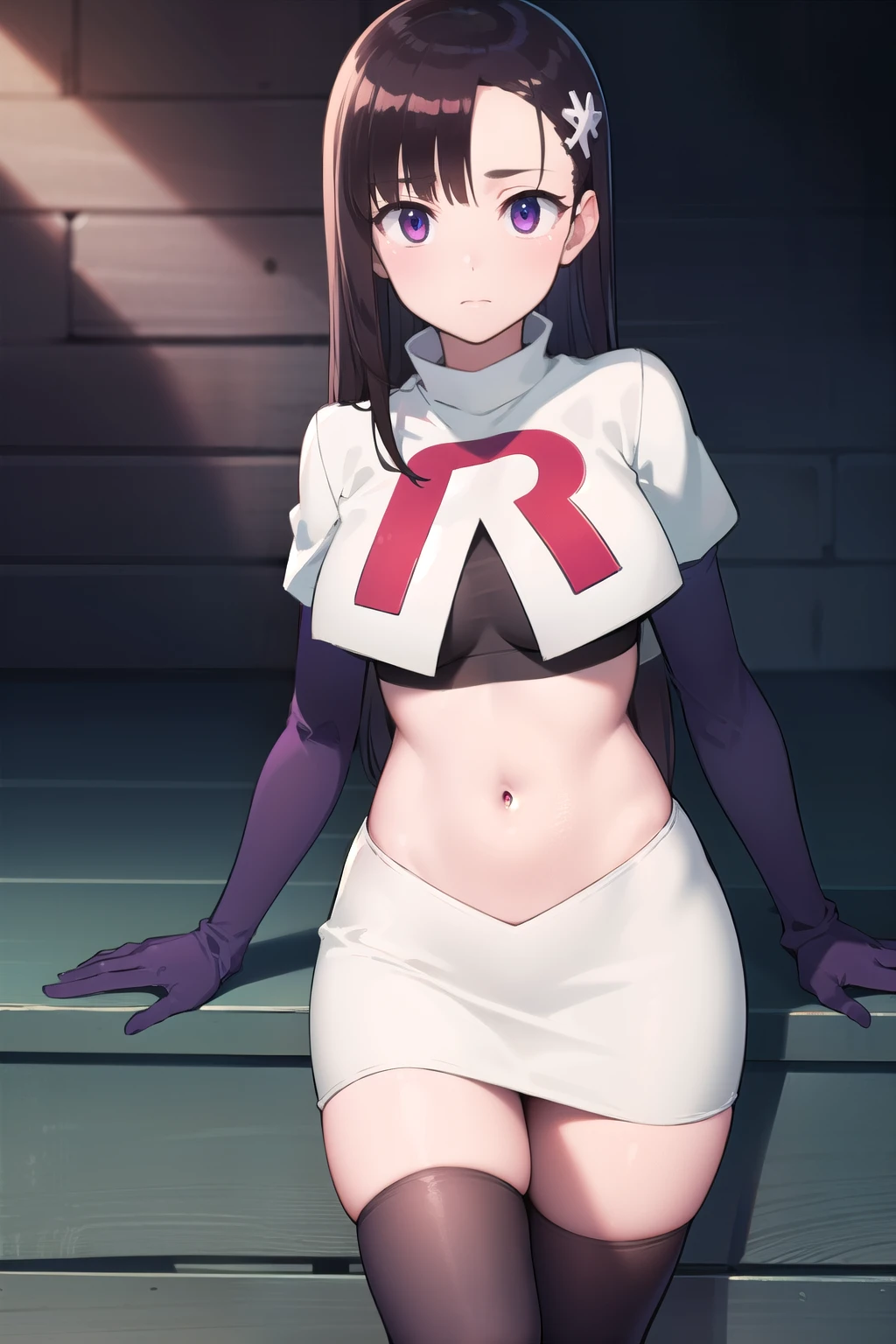 hitomihino, hitomi hino, long hair, black hair, hair ornament, (purple eyes:1.1),
BREAK team rocket,team rocket uniform,white skirt,red letter R,crop top,black thigh-highs,black elbow gloves,
BREAK looking at viewer, cowboy shot,
BREAK (masterpiece:1.2), best quality, high resolution, unity 8k wallpaper, (illustration:0.8), (beautiful detailed eyes:1.6), extremely detailed face, perfect lighting, extremely detailed CG, (perfect hands, perfect anatomy),