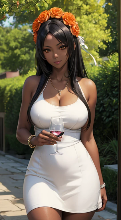 (masterpiece), best quality, expressive eyes, holding a wine glass, standing, cute girl, garden background, perfect face, black ebony skin, half naked, large open neckline, white dress,  perfect shaped body, long hair, black hair, orange eyes, large breast, big breasts, black skin, ultra realistic detailed orange eyes, long and open hair, looking at camera, innocent eyes, innocent face, very cute anime girl face, black skin anime girl, cute smile on her face, flower necklace on her head, wearing flower bracelets on her hand, thigh legs