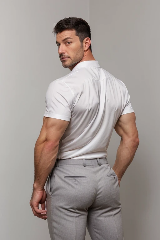 45yo muscular man, stubble, scruffy, broad shoulders, face detailed,  black hair , full body, muscular body, big butt, White shirt, gray formal trousers backside 