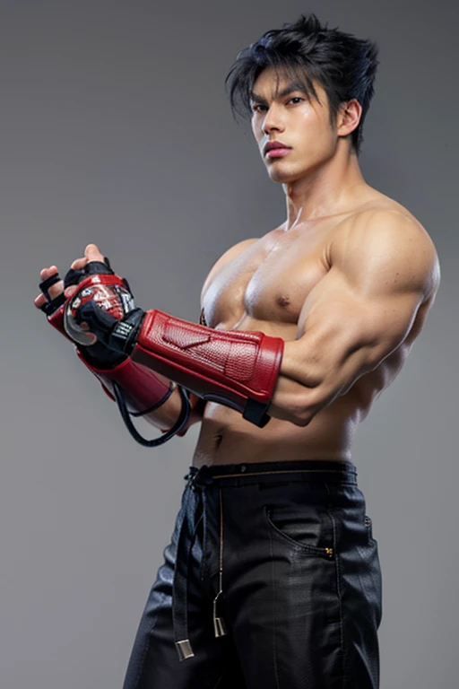 (masterpiece, best quality:1.2), cowboy shot, solo, male focus, 1boy, kazama jin, ??????? male, serious, closed mouth, pants, fingerless gloves