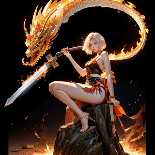 A beautiful female samurai wearing skimpy dress with bare arms, bare legs, skimpy dress; summoning a fire dragon, gorgous, beautiful face, white short hair, holding a sword