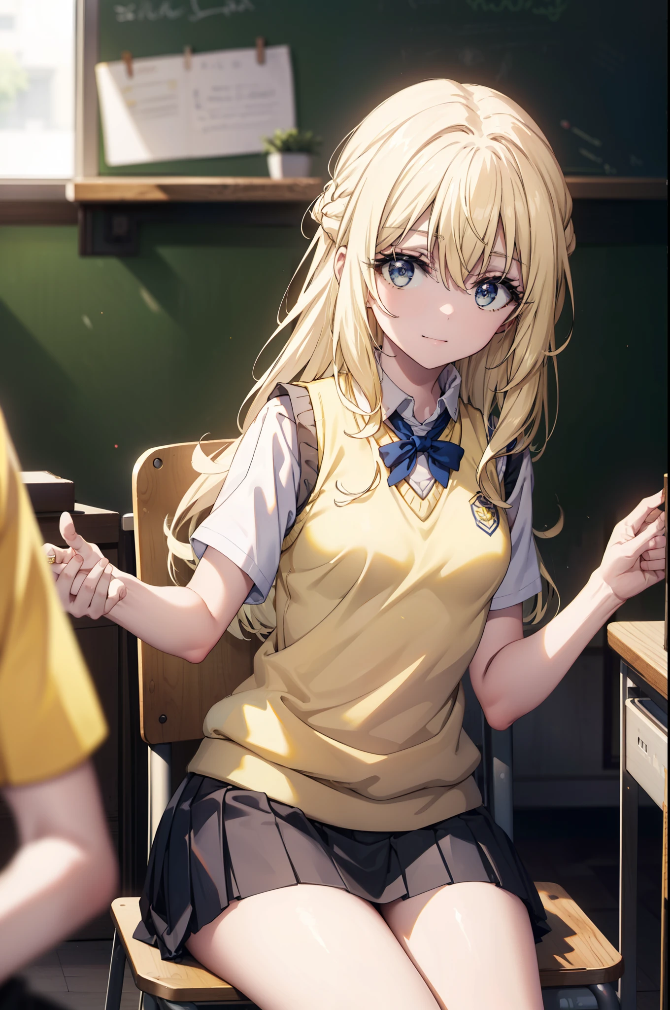 Priestessess, Priestessess, Blonde, blue eyes, Long Hair, Hair between the eyes, (Small breasts:1.2), smile,white yシャツ, Short sleeve, Pleated skirt,  Collared shirt, mini skirt, White knee socks, (Black Skirt:1.5), Sweater vest, (yellow Sweater vest:1.5),Brown Loafers,Daytime,sunny,sitting on a chair with legs crossed,There is a textbook on the desk,whole bodyがイラストに入るように,
break indoors, classroom,
break looking at viewer, whole body,
break (masterpiece:1.2), highest quality, High resolution, unity 8k wallpaper, (figure:0.8), (Beautiful fine details:1.6), Highly detailed face, Perfect lighting, Highly detailed CG, (Perfect hands, Perfect ???????),