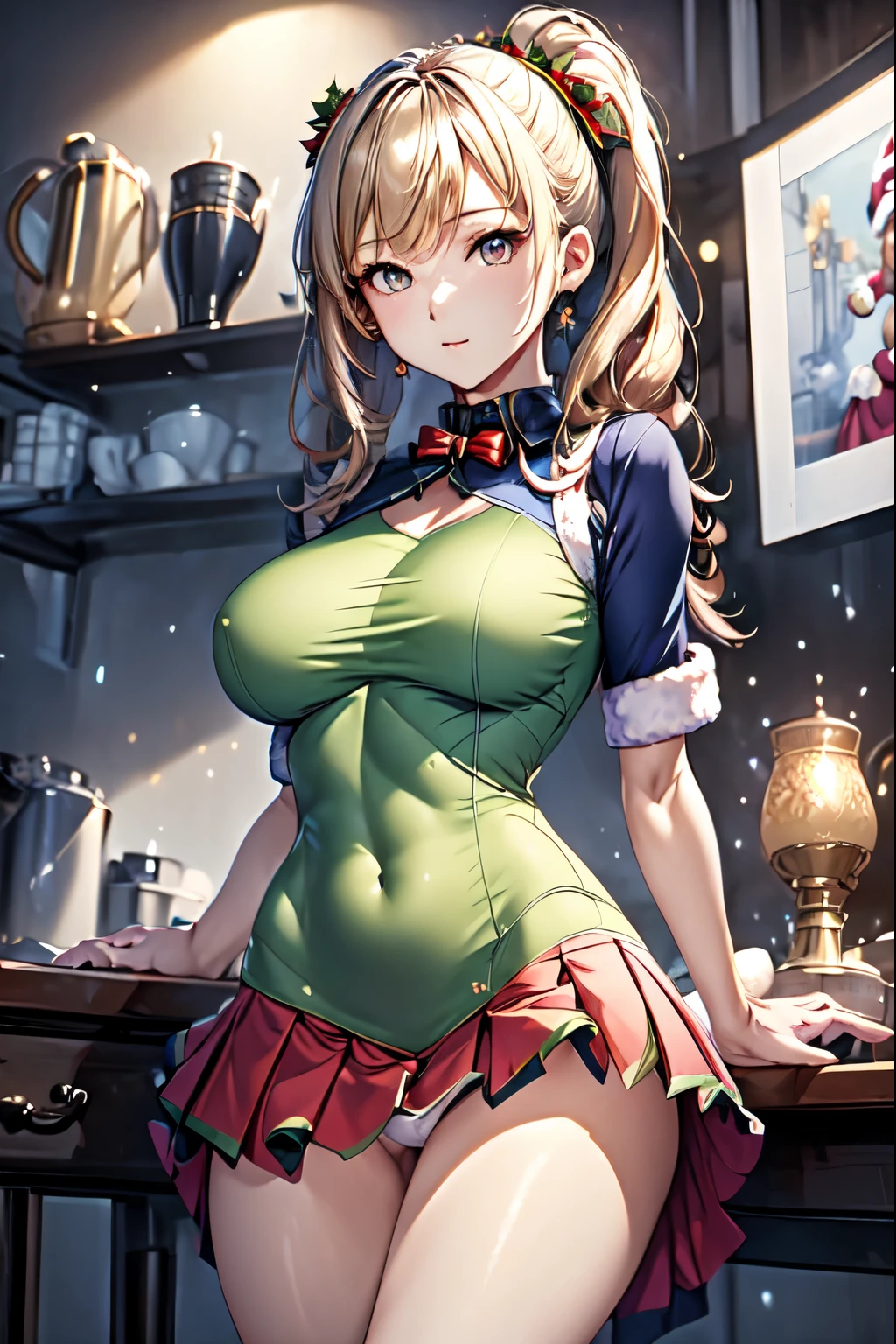 ((highest quality)), ((masterpiece)), (Miniskirt Santa Details), Perfect Face、Showing her panties on her knees、White panties:1.5、
