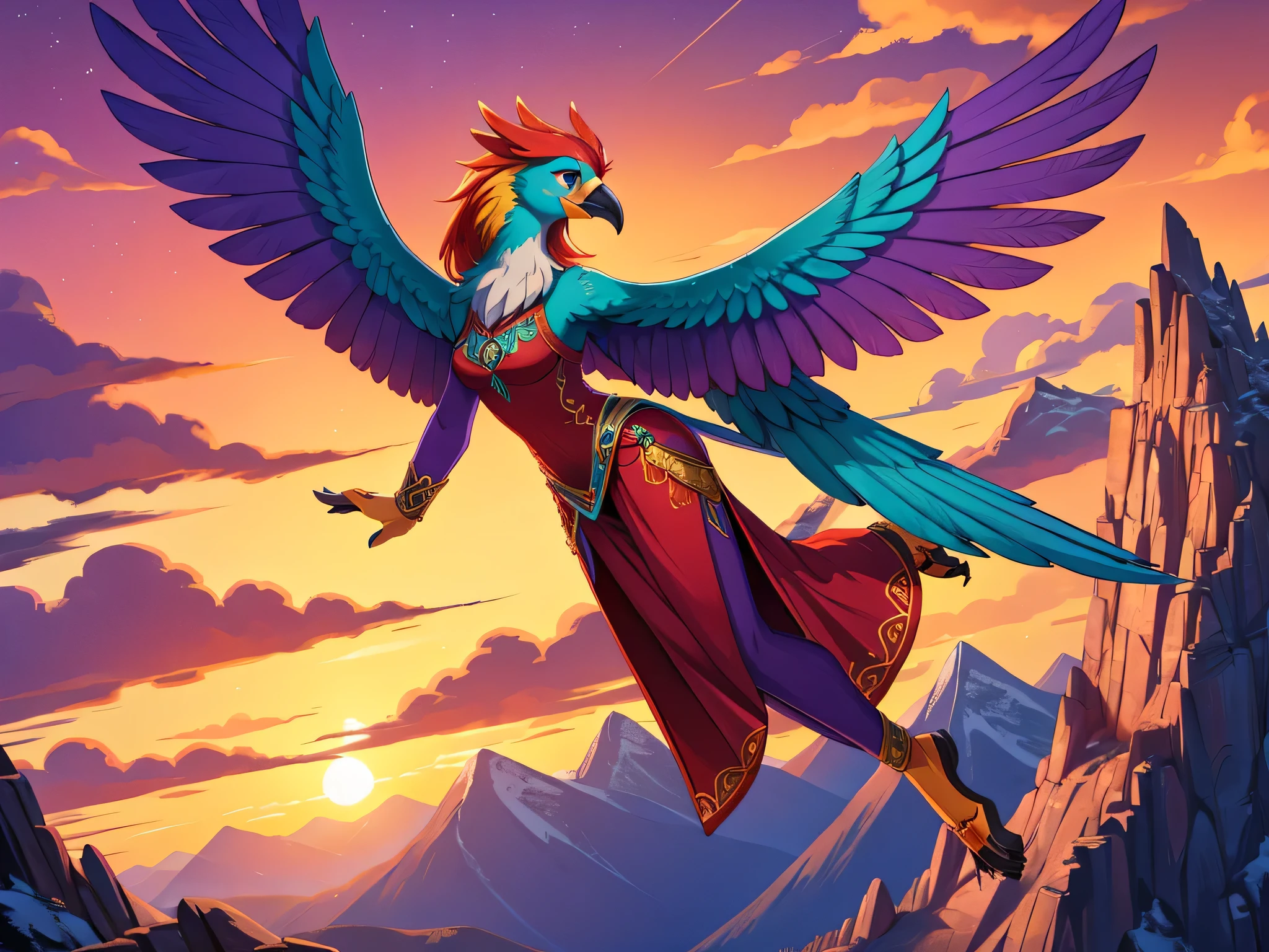 side view, bright colors, fantasy style art, beautiful anthropomorphic female bird, mature and young, tall character, 5 feet 11 inches tall, bird body, bird head and beak, wings for limbs, no arms or hands, two large bird wings, long bird tail, orange red and purple bird feathers, teal eyes, long wavy bright orange hair, shapely body, skinny body, healthy body, purple and red warrior outfit, ornate red clothes, fancy purple patterns and symbols, 2 red dress coattails hanging down her sides, yellow bird claw feet, flying with joy over a mountain, at the mountain peak, sunset, brilliant cloudy sky, sunset lighting up the clouds, flying high, soaring in midair, soaring above the mountains, happy expression, high quality digital art, 2k, professional illustration, highly detailed