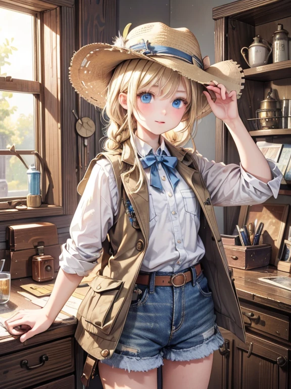 masterpiece, highest quality, Very detailed, 16k, Ultra-high resolution, Cowboy Shot, One 12-year-old girl, Detailed face, Perfect Fingers, blue eyes, Blonde, Braid, A vest with many pockets, Shorts, Exploring knife, Safari Hat, compass, telescope, map, A cluttered room with lots of small items, Organizing tools