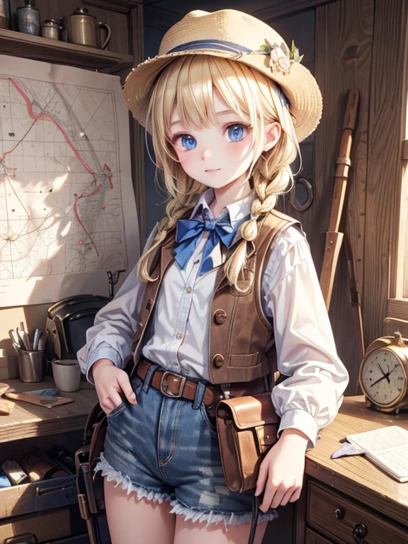 masterpiece, highest quality, Very detailed, 16k, Ultra-high resolution, Cowboy Shot, One 12-year-old girl, Detailed face, Perfect Fingers, blue eyes, Blonde, Braid, A vest with many pockets, Shorts, Exploring knife, Safari Hat, compass, telescope, map, A cluttered room with lots of small items, Organizing tools