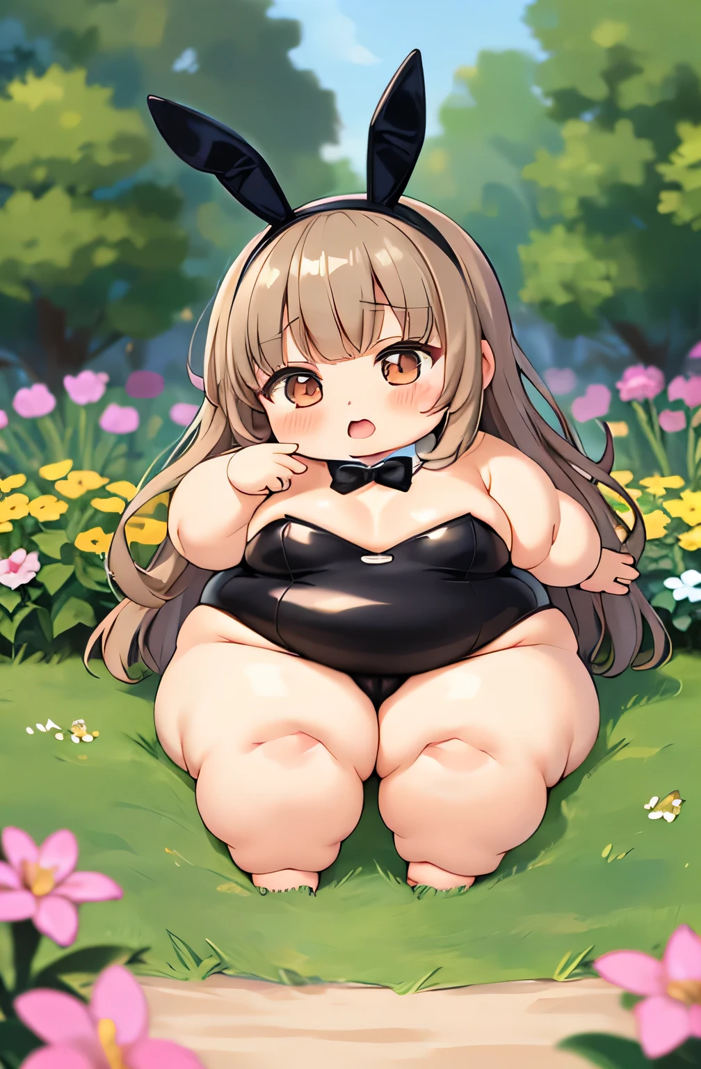 masterpiece,((highest quality)),(kawaii:1.2) break (Full body chibi character:1.6), (Big Head),cute break obese break (Light brown hair),Side tail hair,((Bangs Bangs)) break 汗,Ahegao,Drooling break (playboy bunny),pussy juice break sitting,flower garden