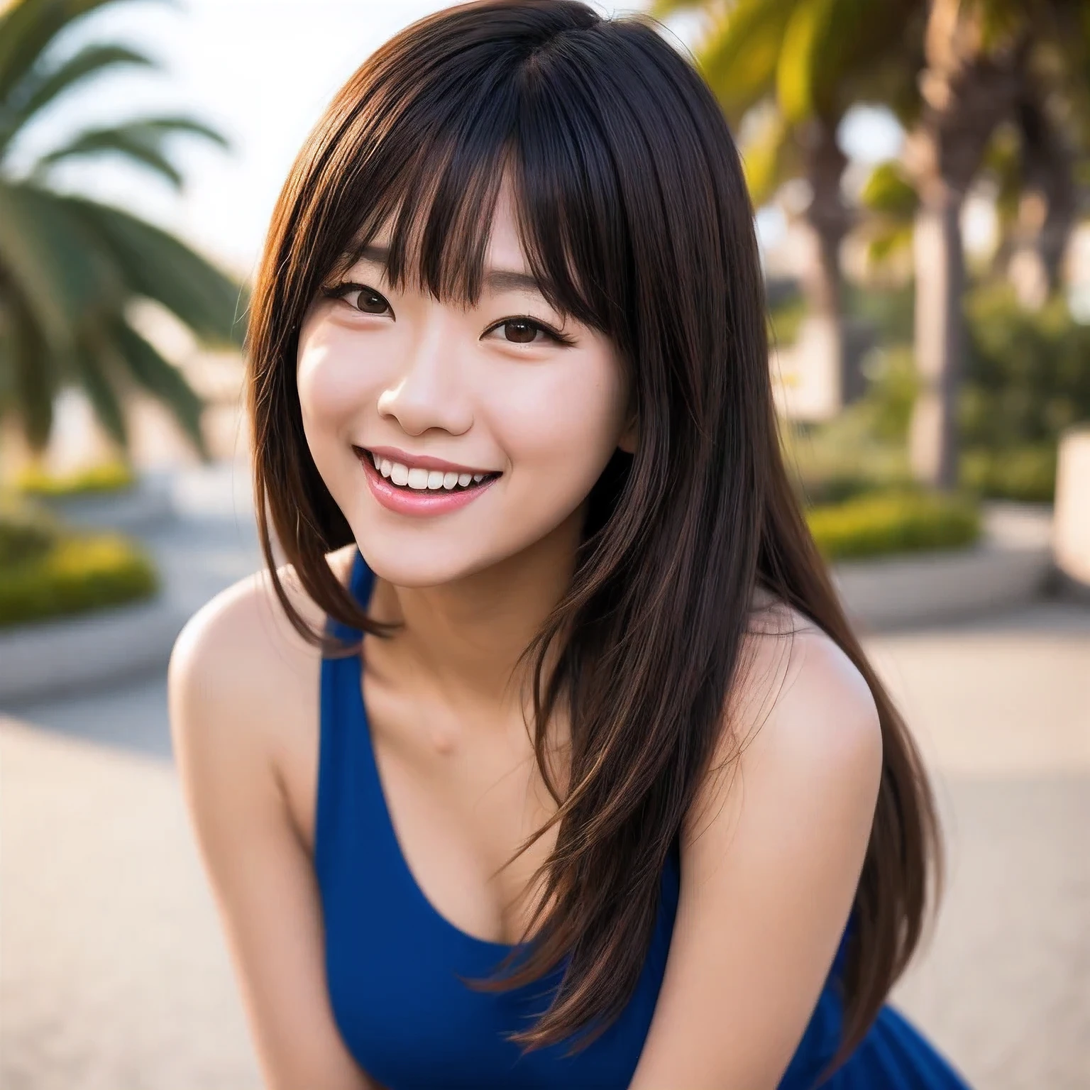 1girl
3d
asian
bangs
bare shoulders
blurry
blurry background
blurry foreground
bokeh
breasts
brown eyes
brown hair
collarbone
cosplay photo
day
depth of field
dress
film grain
grin
lips
long hair
looking at viewer
motion blur
open mouth
outdoors
palm tree
photo \(medium\)
photo background
photo inset
photorealistic
realistic
sleeveless
smile
solo
teeth
tree
upper body