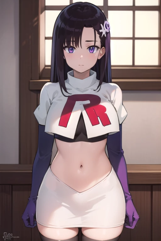 hitomihino, hitomi hino, long hair, black hair, hair ornament, (purple eyes:1.1),
BREAK team rocket,team rocket uniform,white skirt,red letter R,crop top,black thigh-highs,black elbow gloves,
BREAK looking at viewer, cowboy shot,
BREAK (masterpiece:1.2), best quality, high resolution, unity 8k wallpaper, (illustration:0.8), (beautiful detailed eyes:1.6), extremely detailed face, perfect lighting, extremely detailed CG, (perfect hands, perfect anatomy),