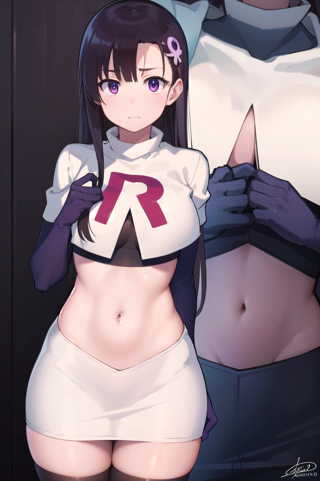 hitomihino, hitomi hino, long hair, black hair, hair ornament, (purple eyes:1.1),
BREAK team rocket,team rocket uniform,white skirt,red letter R,crop top,black thigh-highs,black elbow gloves,
BREAK looking at viewer, cowboy shot,
BREAK (masterpiece:1.2), best quality, high resolution, unity 8k wallpaper, (illustration:0.8), (beautiful detailed eyes:1.6), extremely detailed face, perfect lighting, extremely detailed CG, (perfect hands, perfect anatomy),