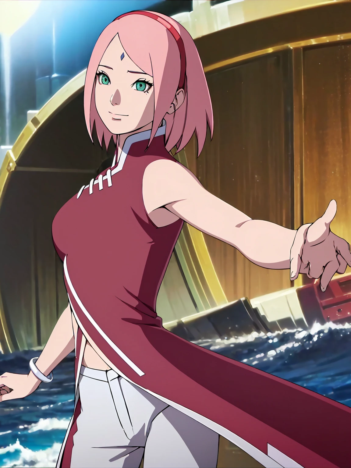 masterpiece, 4K, Portraiture, Cowboy Shot, (night), Professional artwork, Intricate details, colorful, Digital Blending, (Super-detailed body, Ultra detailed hair, Super detailed face), Topics on pixiv, kind smile, highest quality, Anime Style: 1.9, One girl, employment, haruno sakura, (Forehead mark, Mature Woman, Red Hairband, Pale skin, (Small breasts), short hair, ((Red sleeveless dress,), White pants), (belly button, belly button, Slender body, Thin belly, bracelet, Pink Hair, Open your mouth, Big eyes), smile, Beach, Wind, Floating Hair, Detailed Weapons, Off the shoulder, Broad shoulders, (both sides armpits , (both sides) Raise your hands high), Luxury sofa, relax, lay, talk, Looking at the audience, Show your armpits)