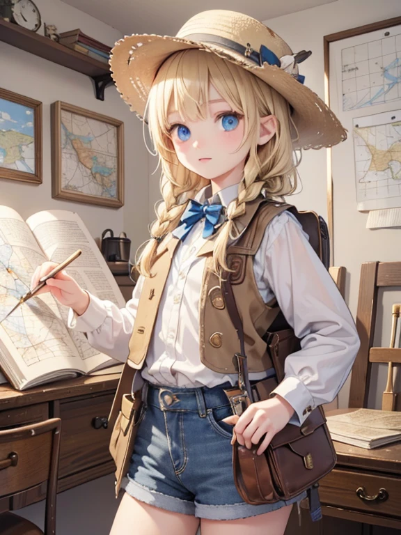 masterpiece, highest quality, Very detailed, 16k, Ultra-high resolution, Cowboy Shot, One 8-year-old girl, Detailed face, Perfect Fingers, blue eyes, Blonde, Braid, A vest with many pockets, Shorts, Exploring knife, Safari Hat, compass, telescope, map, A cluttered room with lots of small items, Organizing tools