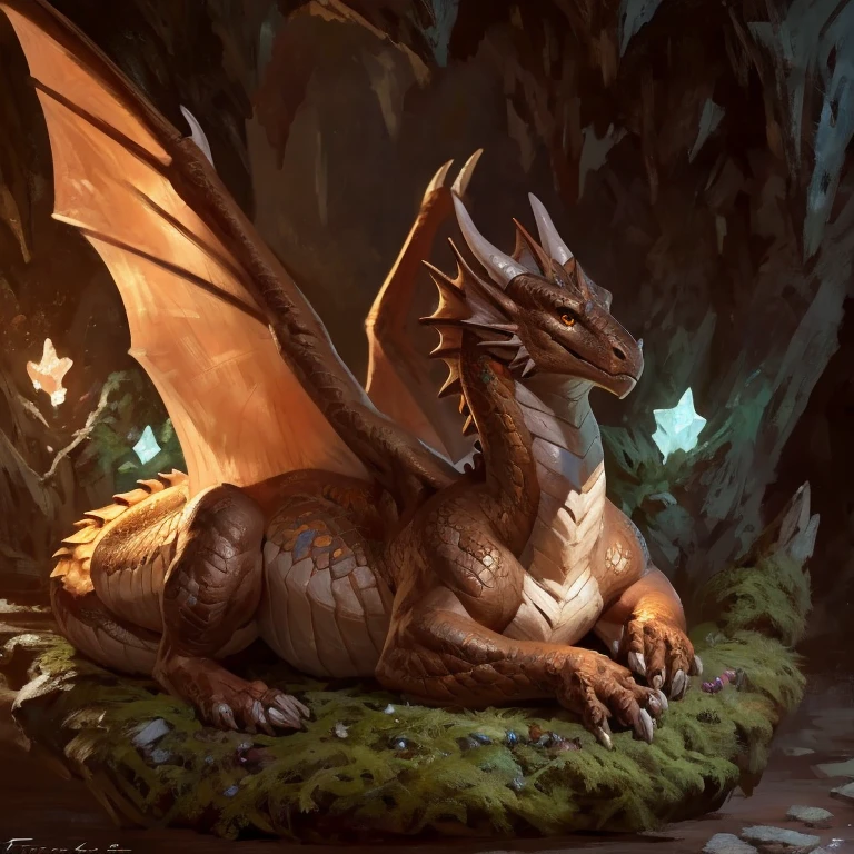 Detailed painting, by Taran Fiddler, solo, dragon, full body, feral, small dragoness, dainty, friendly, bronze scales, rounded snout, wings, pregnant, amber eyes, laying in fur lined nest, dark cozy cave, glowing crystals on cave wall, moss