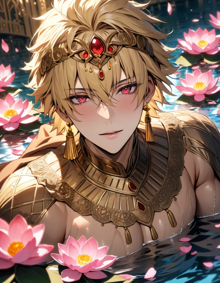 (absurdres, highres, ultra detailed, HDR), masterpiece, best quality, Gilgamesh, short hair, blonde hair, with bangs, expressive red eyes, finely eye and detailed face, fate grand order, solo, sexy man, handsome, mature face, golden earrings, arabian clothes, patterns, water, pink lotus, petals, pink butterflies