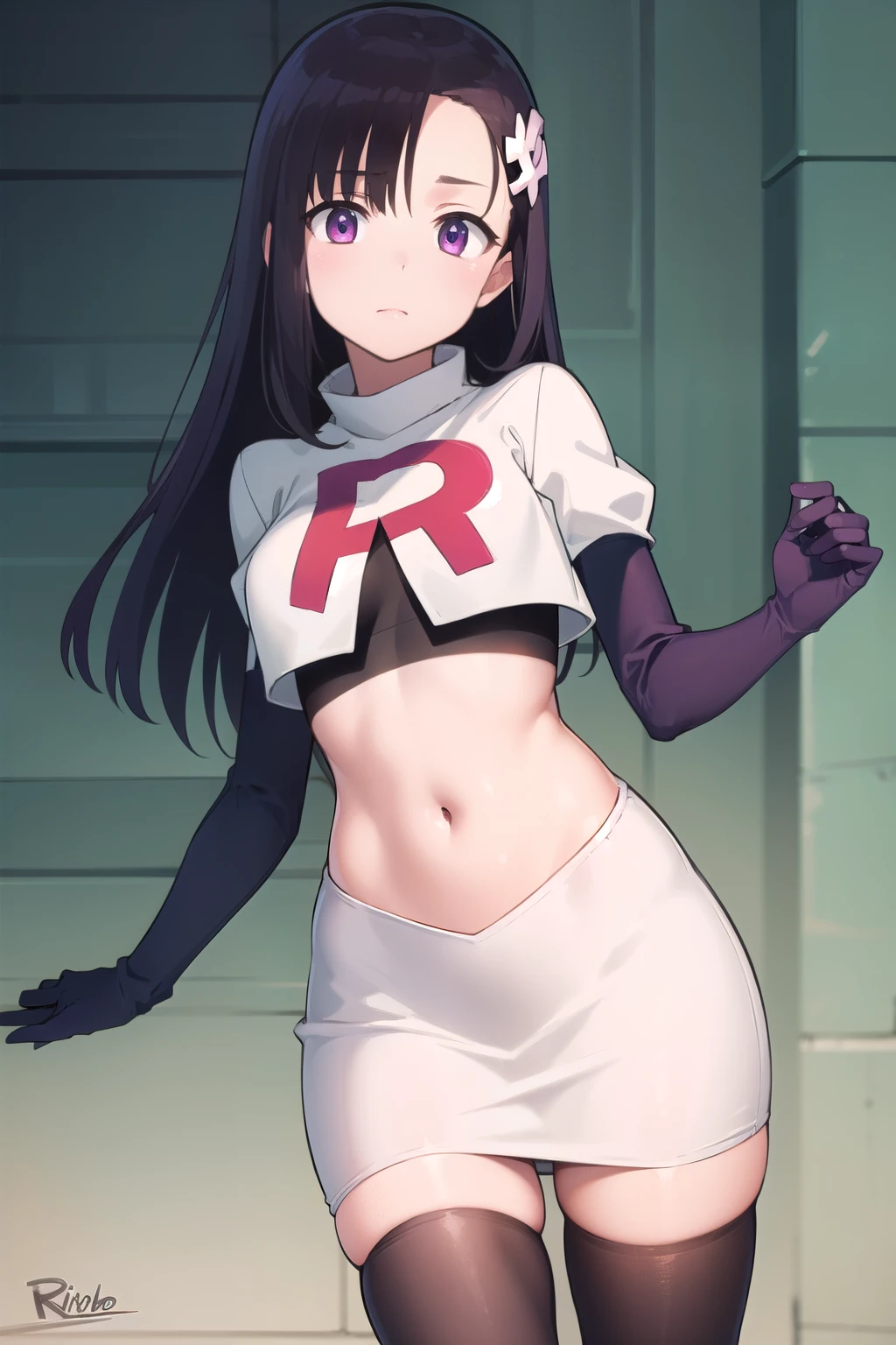 hitomihino, hitomi hino, long hair, black hair, hair ornament, (purple eyes:1.1),
BREAK team rocket,team rocket uniform,white skirt,red letter R,crop top,black thigh-highs,black elbow gloves,
BREAK looking at viewer, cowboy shot,
BREAK (masterpiece:1.2), best quality, high resolution, unity 8k wallpaper, (illustration:0.8), (beautiful detailed eyes:1.6), extremely detailed face, perfect lighting, extremely detailed CG, (perfect hands, perfect anatomy),