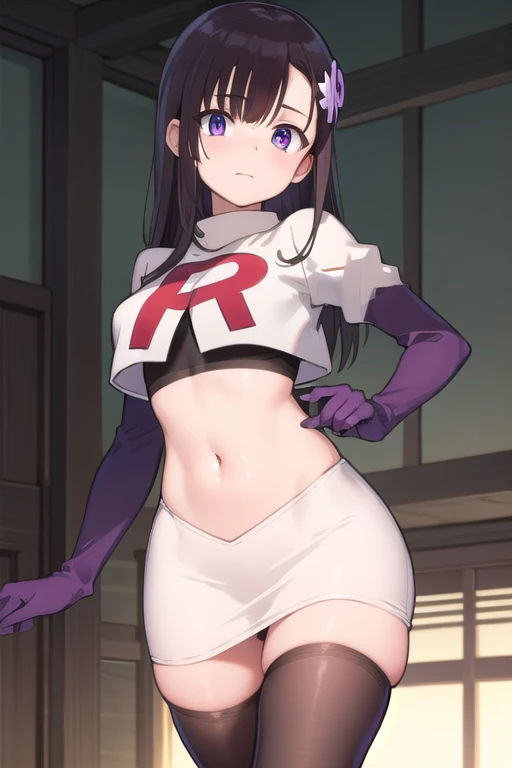 hitomihino, hitomi hino, long hair, black hair, hair ornament, (purple eyes:1.1),
BREAK team rocket,team rocket uniform,white skirt,red letter R,crop top,black thigh-highs,black elbow gloves,
BREAK looking at viewer, cowboy shot,
BREAK (masterpiece:1.2), best quality, high resolution, unity 8k wallpaper, (illustration:0.8), (beautiful detailed eyes:1.6), extremely detailed face, perfect lighting, extremely detailed CG, (perfect hands, perfect anatomy),