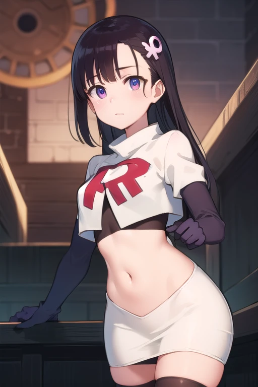 hitomihino, hitomi hino, long hair, black hair, hair ornament, (purple eyes:1.1),
BREAK team rocket,team rocket uniform,white skirt,red letter R,crop top,black thigh-highs,black elbow gloves,
BREAK looking at viewer, cowboy shot,
BREAK (masterpiece:1.2), best quality, high resolution, unity 8k wallpaper, (illustration:0.8), (beautiful detailed eyes:1.6), extremely detailed face, perfect lighting, extremely detailed CG, (perfect hands, perfect ???????),