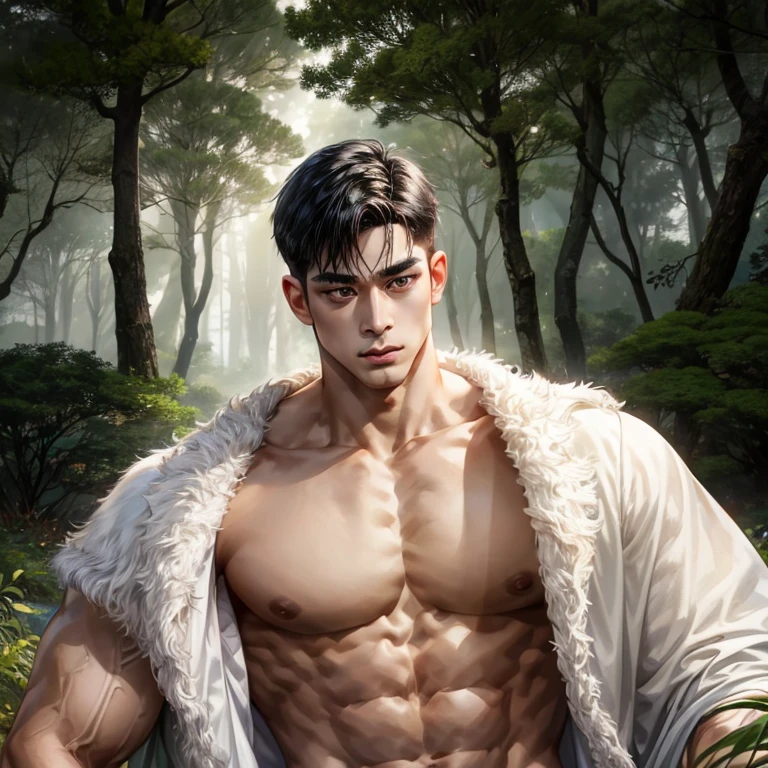 1 Asian man, short straight black hair, black eyes, masculine and rectangular face, white skin, muscular and toned body, hairy body, wide shoulders, happy trail, only in underwear, forest background, ultra realistic image, good quality image, bulge in underwear
