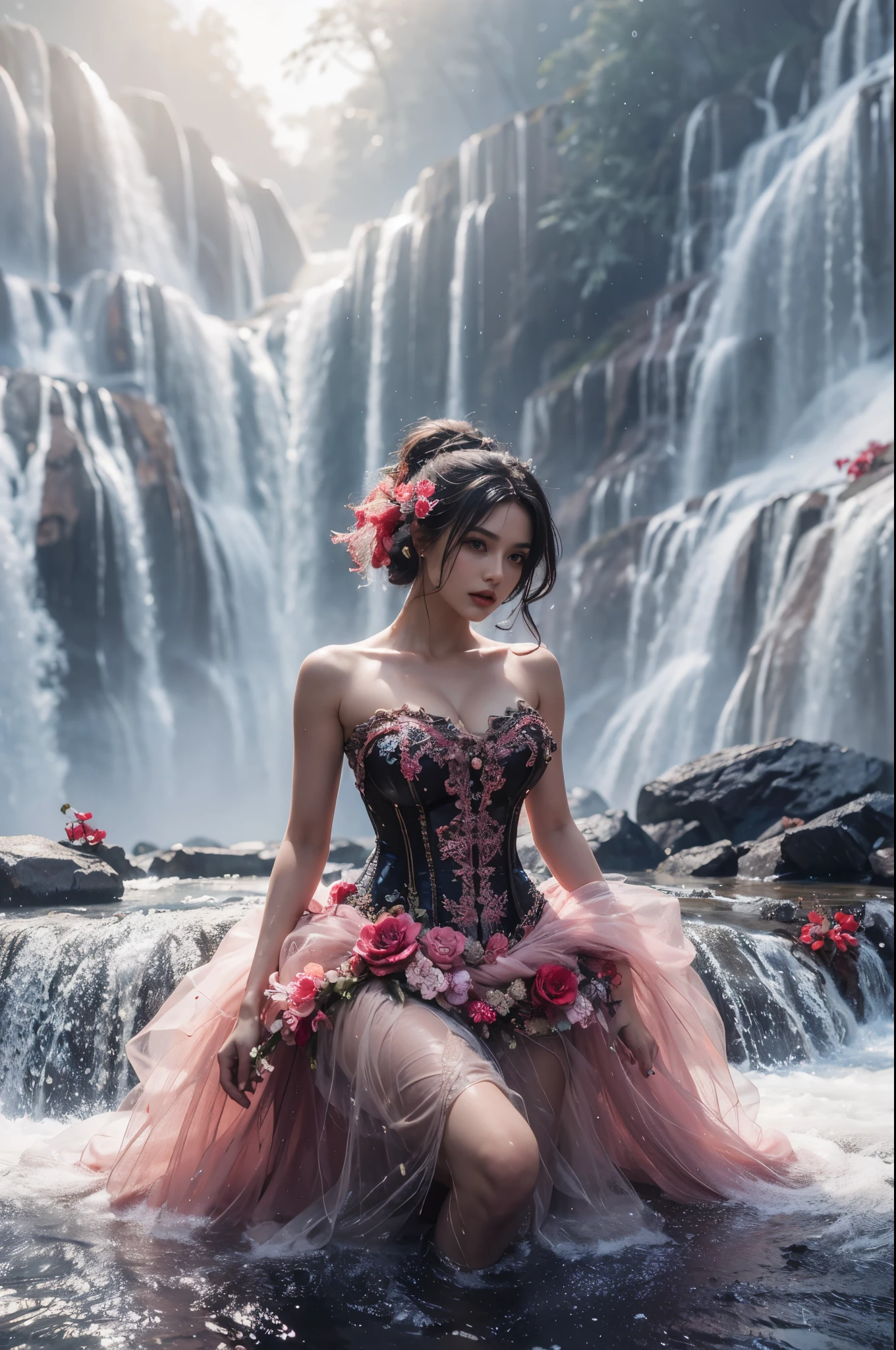 arafed woman with bustier gigantic breast in a corset and dress in front of a waterfall, wearing an ornate outfit, ornate dress, intricate dress, elegant corset, ornate and elegant, extravagant dress, inspired by Hedi Xandt, ornate attire, intricate outfit, ornate royal gown, ornate clothing, ornate gown, intricate and elegant, intricate detailed dress, ornate , royal dress, masterpiece, best quality:1.2),,(8k,highres,RAW photo realistic,photo-realistic:1.3),(detailed skin texture,detailed cloth texture,beautiful detailed face:1.25),professional lighting,photon mapping,beautiful soft light,radiosity,physically-based rendering,raytracing, model shoot style, model shoot style, (extremely detailed CG unity 8k wallpaper), full shot body photo of the most beautiful artwork in the world,