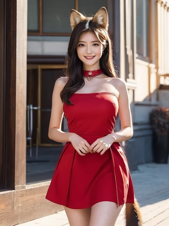 ((highest quality, 32k)), ((masterpiece)), (Familiar), Perfect Face, Fox Girl, beautiful, public, Has a tail, She has a fox tail, She wags her fluffy tail, Collars and Leads, Beautiful hip line, Big Breasts, She is wearing a dress, A tail sticks out from the skirt, smile