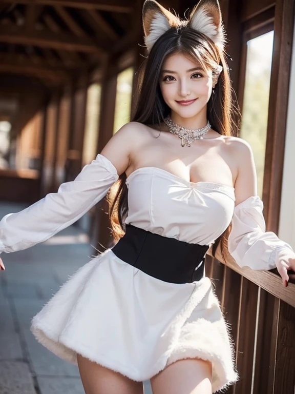 ((highest quality, 32k)), ((masterpiece)), (Familiar), Perfect Face, Fox Girl, beautiful, public, Has a tail, She has a fox tail, She wags her fluffy tail, Collars and Leads, Beautiful hip line, Big Breasts, She is wearing a dress, A tail sticks out from the skirt, smile