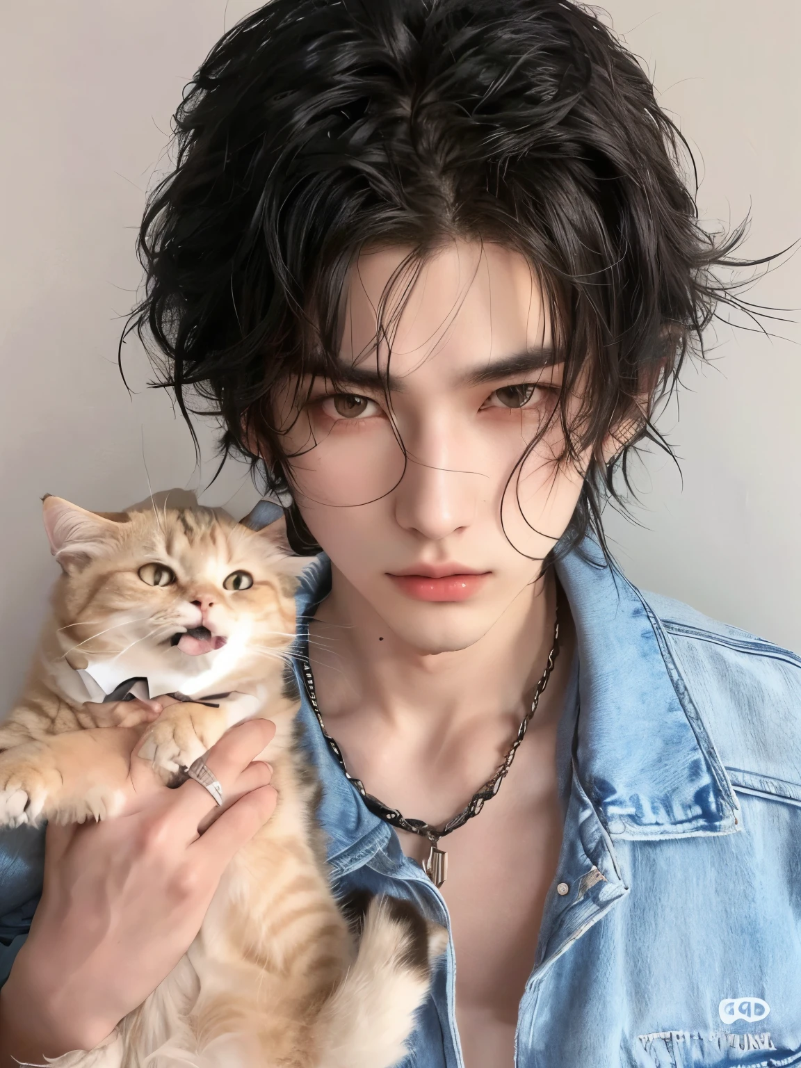 araffe con un gato en brazos y una mujer con un collar, handsome japanese demon boy, cai xukun, beautiful androgynous prince, human cat hybrid, delicate androgynous prince, an epic non-binary model, pintar ulzzang, su cabello es desordenado y salvaje, Finn Wolfhard, Chico emo con orejas y cola de gato.