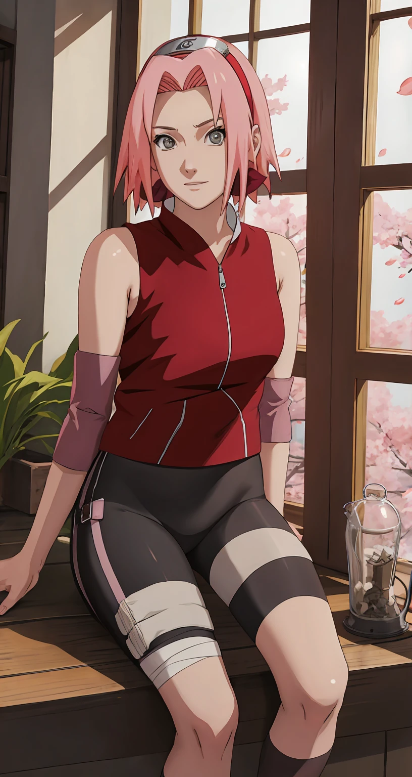 naruto_cherry blossoms_battle_自分ofワイフ,
1人of女of子, haruno sakura, short hair, ピンクof髪, 緑of目, Hair Intake, clavicle, Forehead protector, head band, Red Hairband, 木ノ葉隠れofシンボル,
Exposing shoulders, bandage, Sleeveless jacket, Red jacket, Bike Shorts, 黒ofショートパンツ, Leg Wrap, bandageを巻いた足, Elbow pads, zipper,
((masterpiece)),((highest quality)),(High resolution, Absurd), original, official_art, Bokeh, depth_of_Field, Wisteria, Loaded_interior, Potted plants_plant, window_shade, indoor, Spotlight, night, Concentrated, View your viewers, alone, Cowboy Shot,
