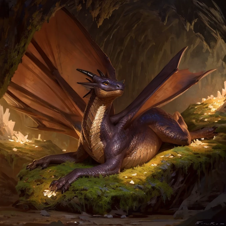 Detailed painting, by Taran Fiddler, solo, dragon, full body, feral, small dragoness, dainty, friendly, bronze scales, rounded snout, wings, pregnant, amber eyes, laying in nest, dark cave, glowing crystals on cave wall, moss